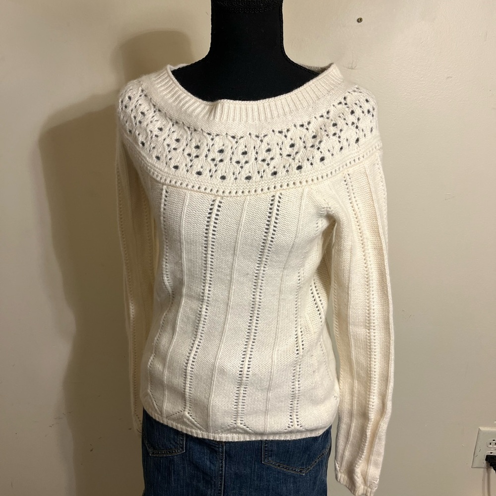 LOFT Women’s Cream Knit Openwork Yoke Sweater - Wool and Cashmere Blend